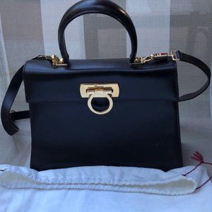 Salvatore Ferragamo Gancini 2-way Tote/Shoulder Handbag Dark Brown/Goldtone